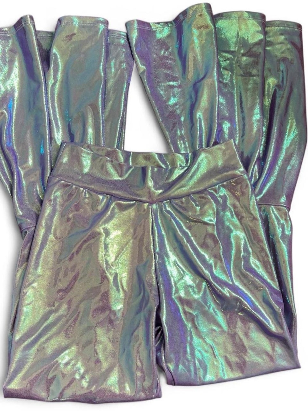 Holographic iridescent purple flare pants stretchy rave festival disco mermaid